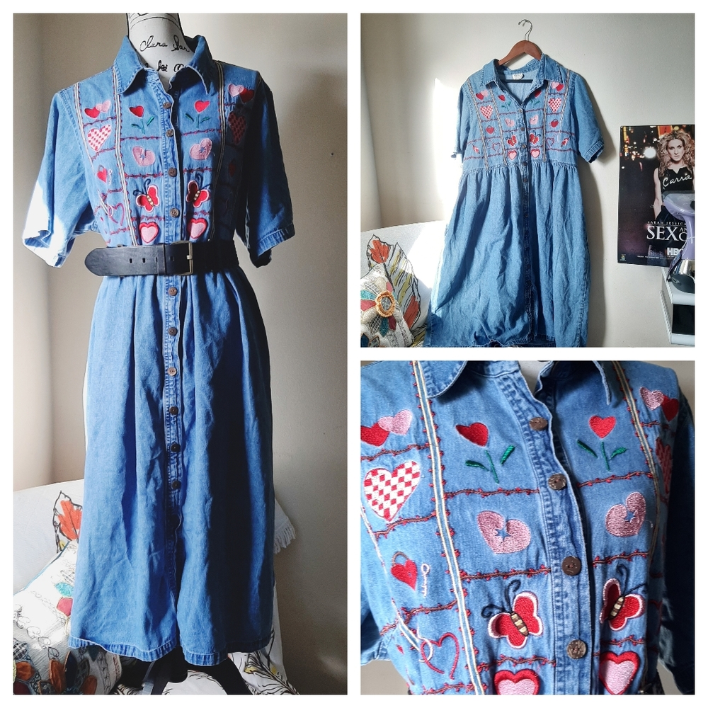 Vintage 90s Denim Jean Dress Plus Hearts Butterfly